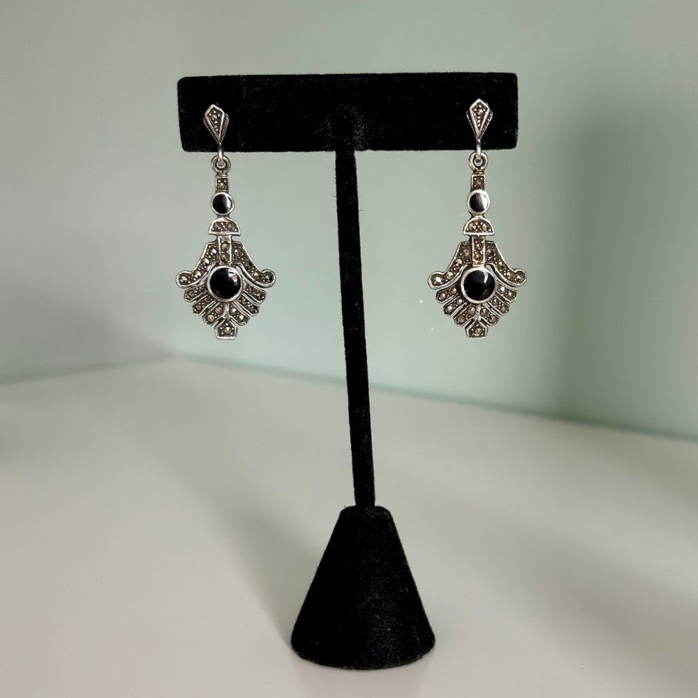 Vintage 925 Sterling Silver/Black Onyx Marcasite drop earrings